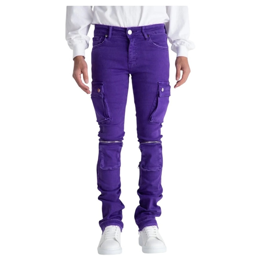 Pheelings Never Look Back Purple Stacked Cargo Flare Jeans Mens 34 Streetwear